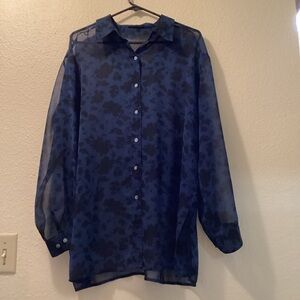 Blue & Black Floral Sheer Button Up Blouse